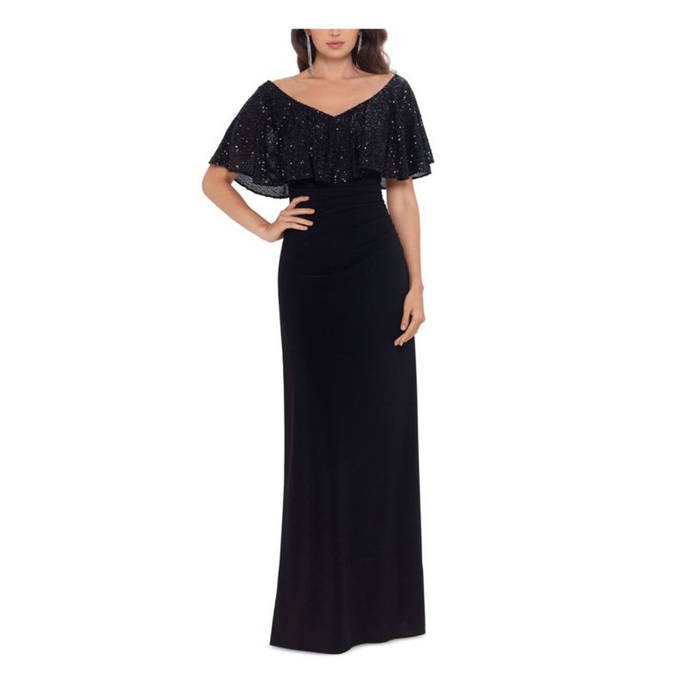 B&A  BY BETSY & ADAM Womens Black Sequin-cape-overlay Formal Gown Dress 6